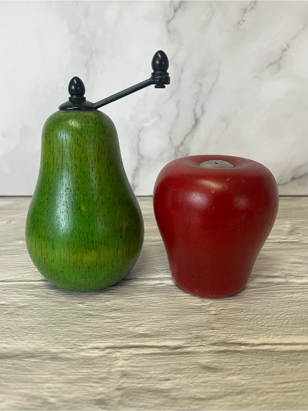 Vintage Wooden Red Apple Salt & Green Pear Pepper Grinder Set